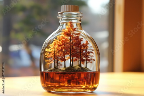 Crystal clear bottle of maple syrup with a miniature autumn forest growing inside on wood