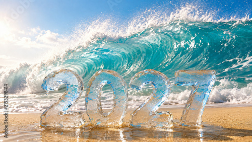 Crystal ice 2027 numbers stand on a sunlit tropical beach before a powerful turquoise wave, ideal for New Year travel ads, holiday greetings, calendars and vacation banners.