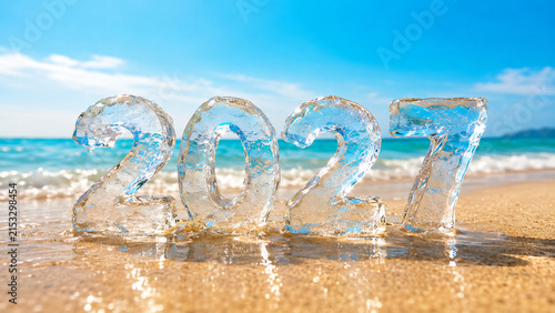 Crystal ice 2027 numbers stand on a sunlit tropical beach before a powerful turquoise wave, ideal for New Year travel ads, holiday greetings, calendars and vacation banners.