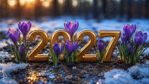Golden 2027 numbers surrounded by purple crocuses blooming through melting snow at sunrise symbolize hope, renewal and new beginnings for calendars, greetings and seasonal campaigns.