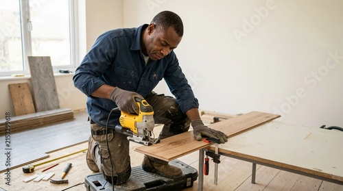 Male carpenter cutting laminate flooring with a jigsaw. Black worker installing wooden planks during home renovation. Residential remodeling and flooring repair concept