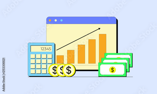 A financial illustration featuring a growth chart, calculator, coins, and money on a light blue background. Perfect for financial concept designs.