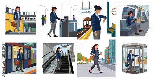 Businesswoman daily commute sequence from subway station to office building, flat vector illustration