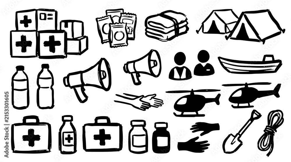 Fototapeta premium Black and white humanitarian aid icon set