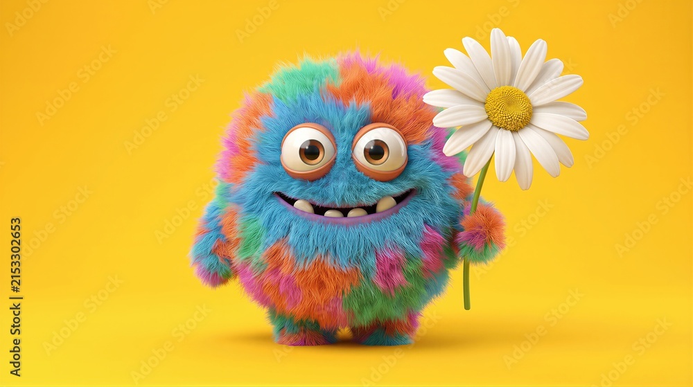 Naklejka premium Funny colorful fluffy monster holding white daisy flower. Happy creature character for children design. Cute beast with fur for summer greeting card and playful mascot branding concept.