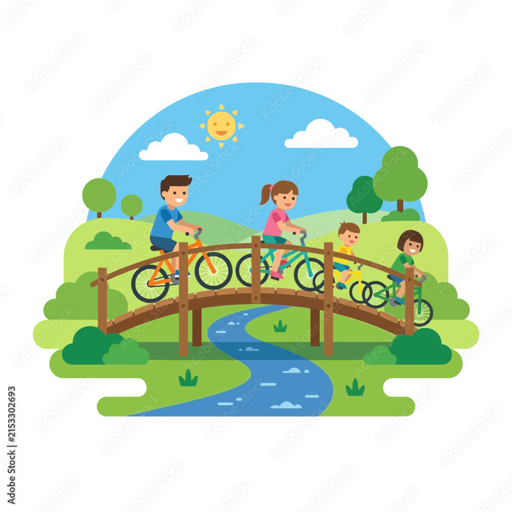 Fototapeta premium Happy Family Cycling on Wooden Bridge Over River in Sunny Green Park Vector Illustration