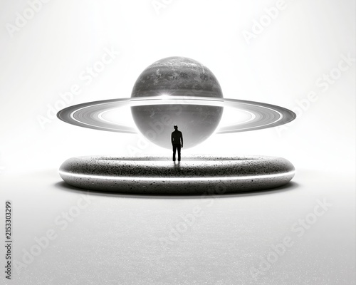 Silhouette man standing on platform with large planet in white background