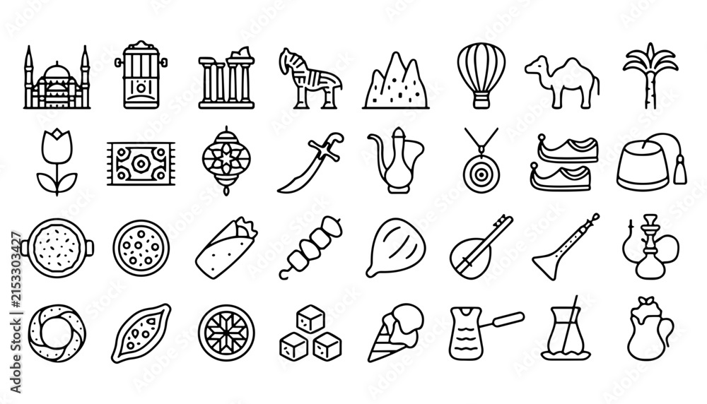 Fototapeta premium Turkey Culture and Travel Icon Set with Outline Traditional Symbols Including Mosque, Tram, Kebab, Turkish Tea, and Cappadocia Balloons for Middle East Tourism Designs