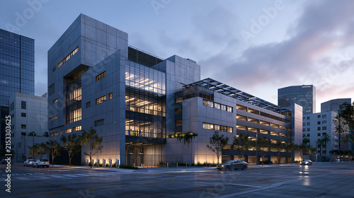 Modern concrete parking garage building at dusk with glass facade and illuminated interiors.