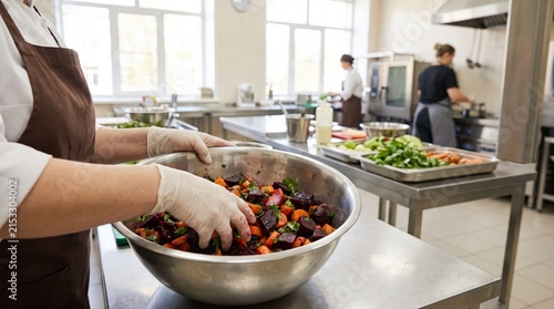 A professional chef, wearing gloves, mixes fresh diced vegetables in a large stainless steel bowl. This demonstrates efficient, hygienic food preparation for healthy commercial catering services.