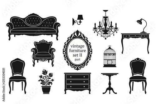 Set of Vintage Furniture Silhouettes, Collection of Antique Home Decor, Retro Interior Elements