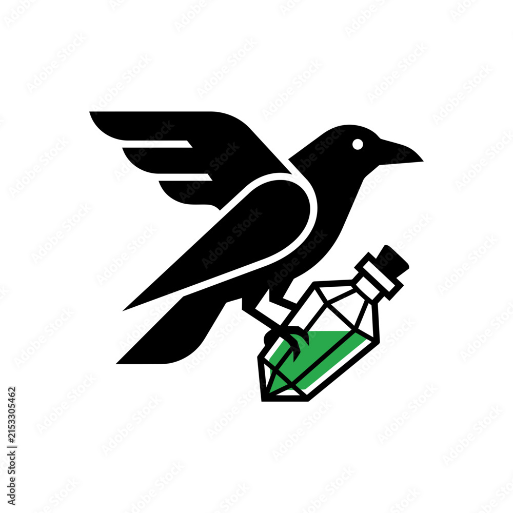 Obraz premium Black raven carrying a green potion bottle isolated on a white background.