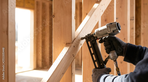 Carpenter using pneumatic nail gun on wood frame | Professional construction worker building house walls | Close up of framing nailer at work site | Power tools for home renovation and carpentry