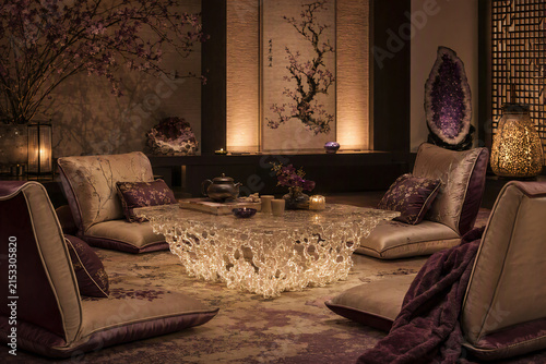 Luxury Hotel Room Interior with Elegant Vintage Furniture, Classic Decor, Comfortable Sofa, Fireplace, Bed, Mirror and Stylish Lighting