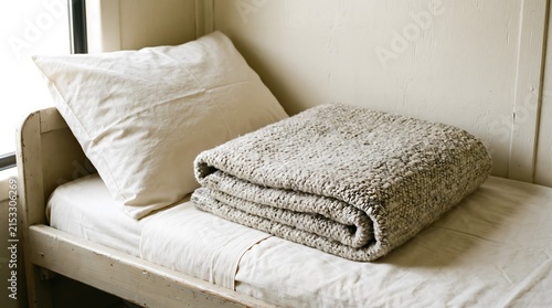 A folded wool blanket and pillow on a narrow sleeper train berth with soft natural light from a window.