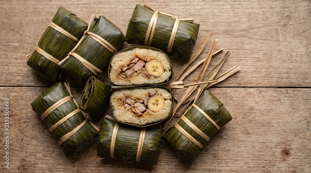 Fototapeta premium Traditional Cambodian num ansom sticky rice cakes wrapped in banana leaves for the Pchum Ben festival.