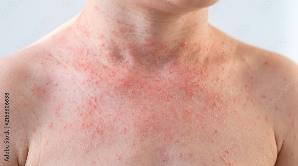 Naklejka premium Close up of a red sandpaper rash on a person's chest and neck caused by scarlet fever.