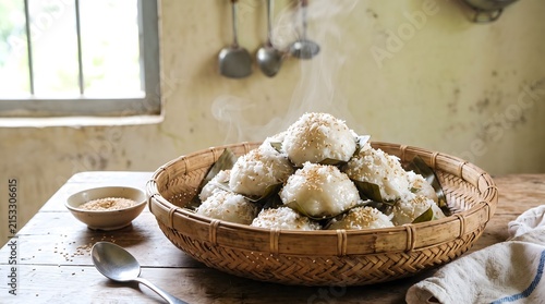 Steamed num korm dumplings topped with sesame seeds and coconut in a woven basket for the Pchum Ben festival.