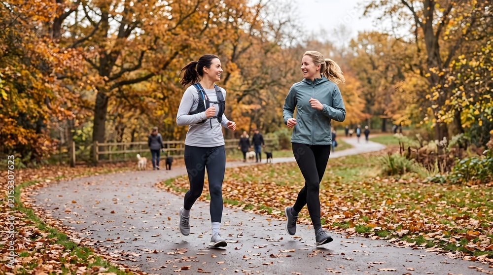 Fototapeta premium Two female friends enjoy a social run along a leaf-covered park path on a crisp autumn day.
