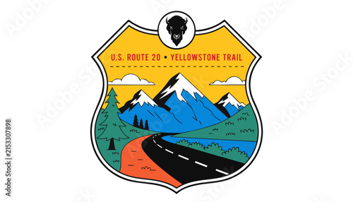 Konstfotografi Very beautiful realistic vector of a scenic American highway sign featuring Yellowstone wilderness, mountain peaks and open western road, U