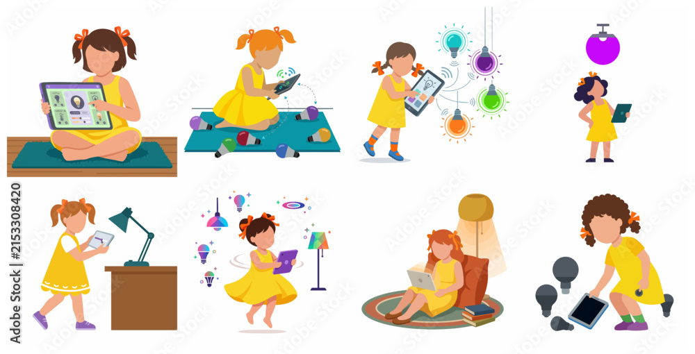 Fototapeta premium Little Girl Controlling Smart Home Lighting with Tablet and Smartphone, Flat Vector Illustration Set for Modern Technology and IoT Concepts