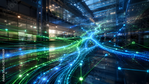 Abstract glowing green and blue data stream network representing smart grid power distribution and energy flow