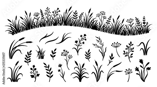 Black wild grass silhouette icons and botanical flower elements showcasing reed cattail stalks, field lawn weeds and meadow plants, representing natural spring landscape and organic floral decoration