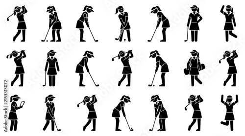 Female golf player pictogram icons showcasing swing actions, putting stances and game poses, representing women athletic competition and outdoor recreation
