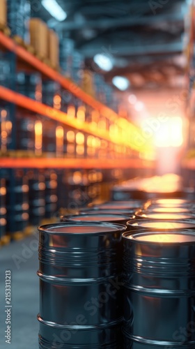 A warehouse illuminated by soft sunlight, featuring rows of oil barrels on shelves and polished floors