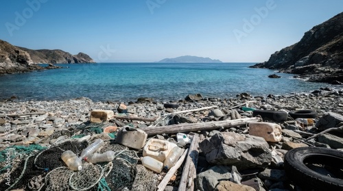 Polluted rocky beach with plastic waste and discarded tires