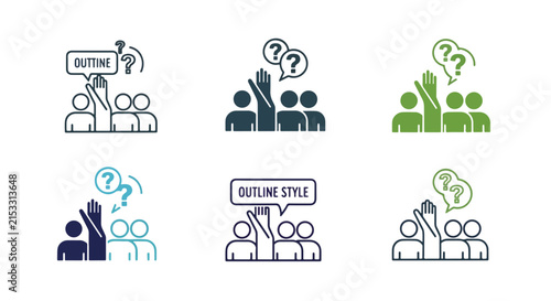 People raising hands with question marks - Clipart, sticker - Line and glyph solid icon and logo template - icon set 
