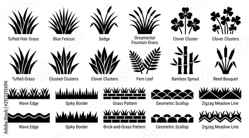 Black grass silhouette icons and botanical element set showcasing ornamental tufts, clover leaves and seamless borders, illustrating landscape architecture and outdoor decoration