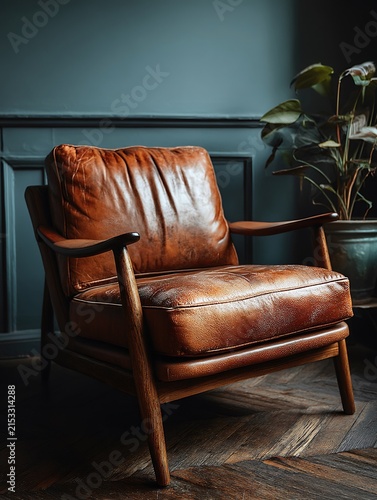 Mid-century modern brown leather armchair against a dark blue wall