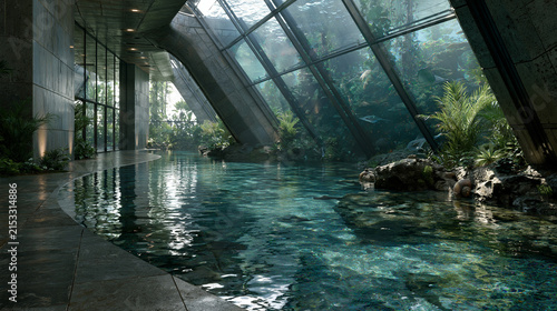 Modern luxury interior design featuring indoor lagoon with tropical greenery and expansive glass ceiling.