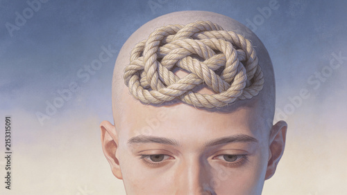 Knot of tangled rope inside head or brain as metaphor for mental health, thought confusion and anxiety