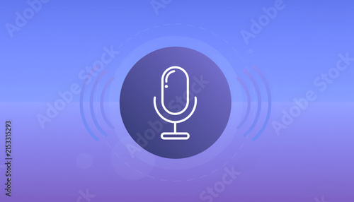 Voice recognition or podcast symbol with microphone icon and sound waves on blue gradient background