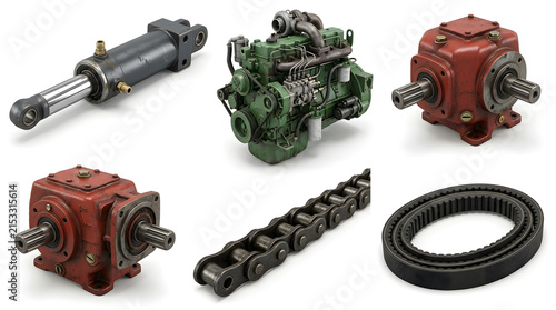 Set of industrial agricultural machinery parts including hydraulic piston and engine gear