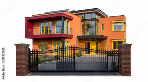 Modern orange luxury house with iron gate isolated on white background