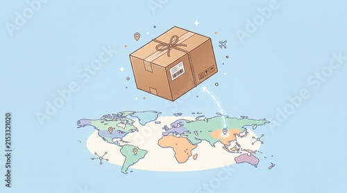 Global package delivery and logistics illustrated concept with a parcel flying over world map