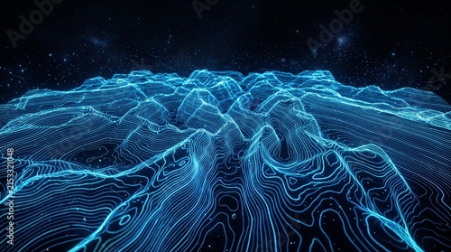 Glowing blue topographic mountain range represented by digital lines against a starry dark sky