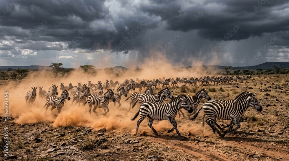 Obraz premium Galloping herd of zebras sprints across a dusty savanna beneath a dramatic stormy sky, kicking up thick orange dust in dynamic motion.