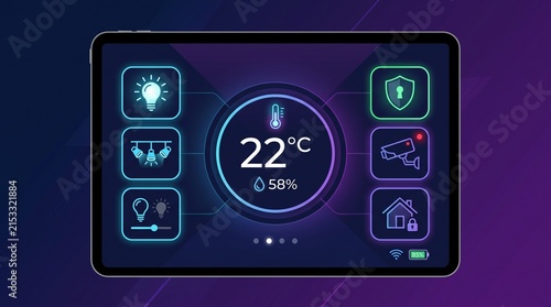 Smart Home Control Panel Displaying Temperature Humidity Security and Lighting Features