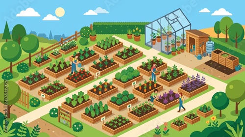 Vibrant Isometric Community Garden Cultivating Fresh Produce with Dedicated Gardeners and Greenhouse