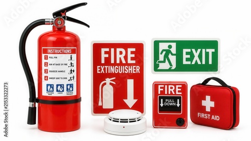 Fire safety equipment set with extinguisher alarm exit sign smoke detector and first aid kit illustration