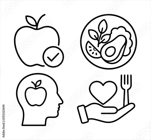 Healthy food and mental wellness outline icons set, apple with check mark, avocado salad, healthy mind, health care concept.