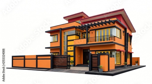 Modern orange luxury villa with contemporary architecture isolated on white background