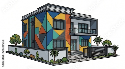 Modern house with colorful geometric mural facade and contemporary architectural design