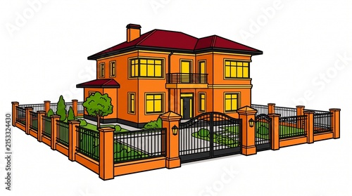 Modern orange suburban house with metal fence and garden isolated on white background