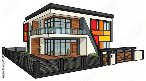 Modern two-story house illustration with colorful geometric facade and glass windows