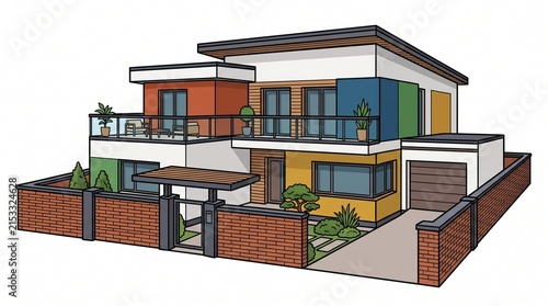 Modern two-story house illustration with colorful facade and brick fence on white background